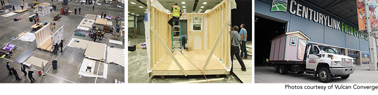 Photos of Vulcan volunteers building tiny houses
